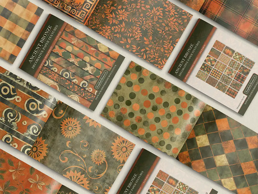 Collage of print pads organised into neat rows opened on various pages to display the inside pages which contain various green and orange coloured textures and patterns