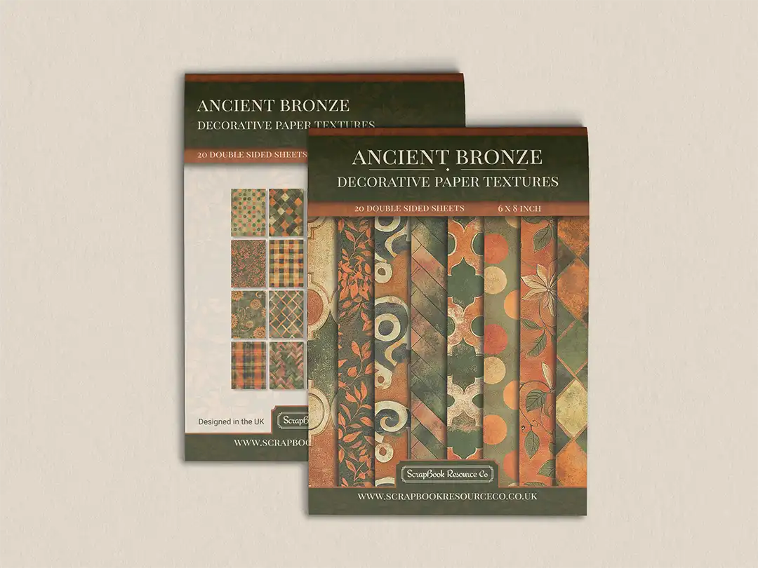 Front and back cover of a decorative paper prints pad with various patterns and textures in a orange and green colour, intended for use in junk journaling, scrapbooking, and cardmaking.