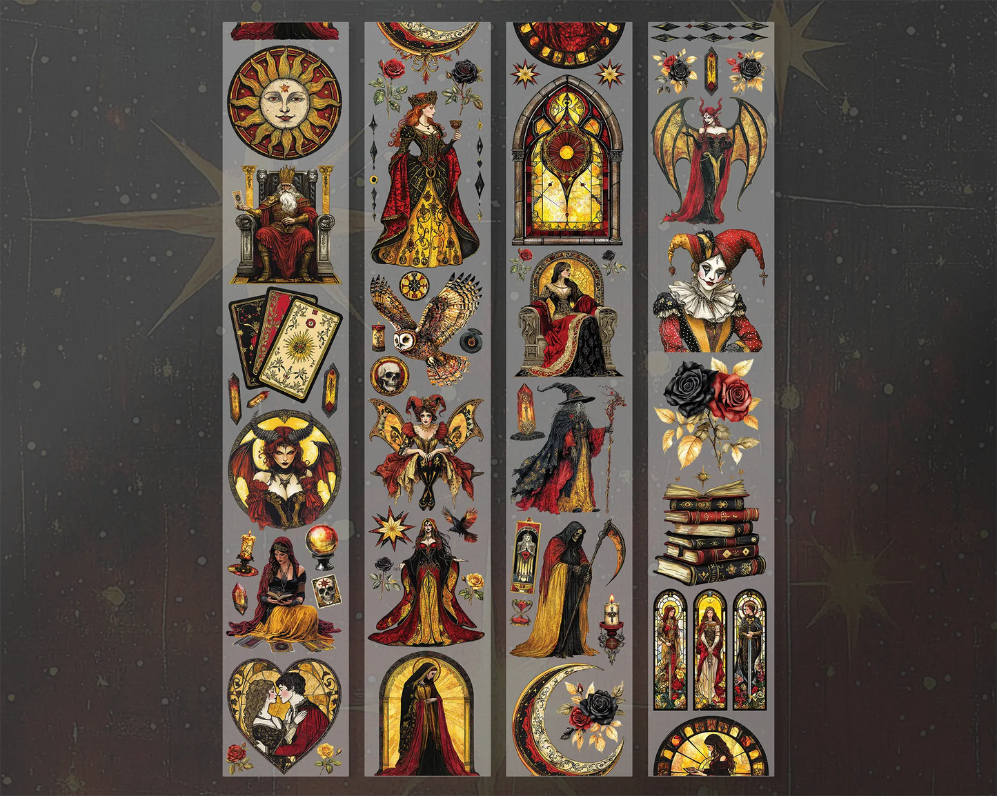 A roll of decorative PET tape stickers with a magical tarot card theme in red, gold and black colours. Featuring illustrations of the iconic tarot cards characters such as, the magician, the priestess, the emperor and empress, the devil, the lovers, death and more