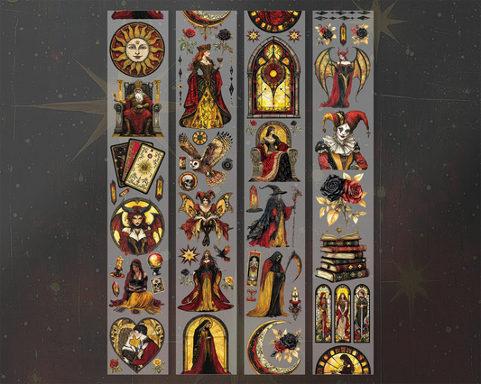 A roll of decorative PET tape stickers with a magical tarot card theme in red, gold and black colours. Featuring illustrations of the iconic tarot cards characters such as, the magician, the priestess, the emperor and empress, the devil, the lovers, death and more