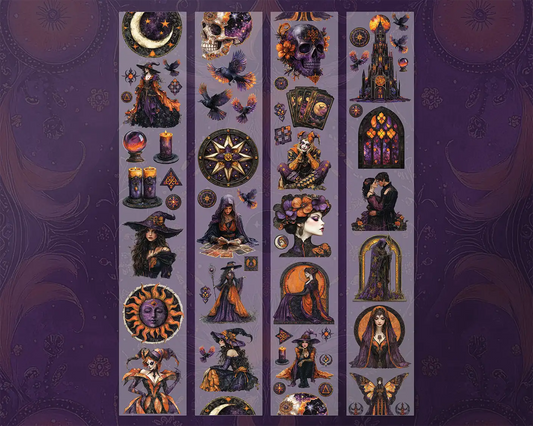 A roll of decorative PET tape stickers with a magical tarot card theme in purple, orange and black colours. Featuring illustrations of the iconic tarot cards characters such as, the magician, the priestess, the emperor and empress, the devil, the lovers, death and more
