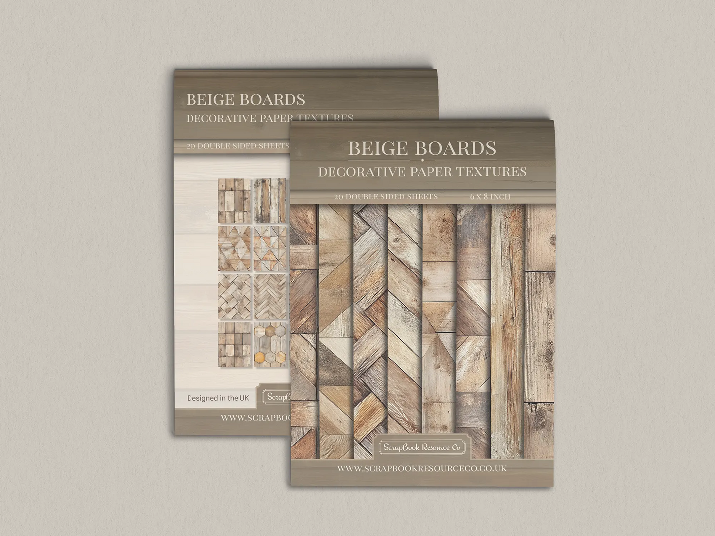 Front and Back cover of a decorative paper prints pad that contains light brown coloured wooden textures