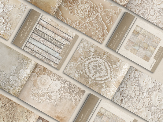 Collection of beige textured paper with lace and floral patterns