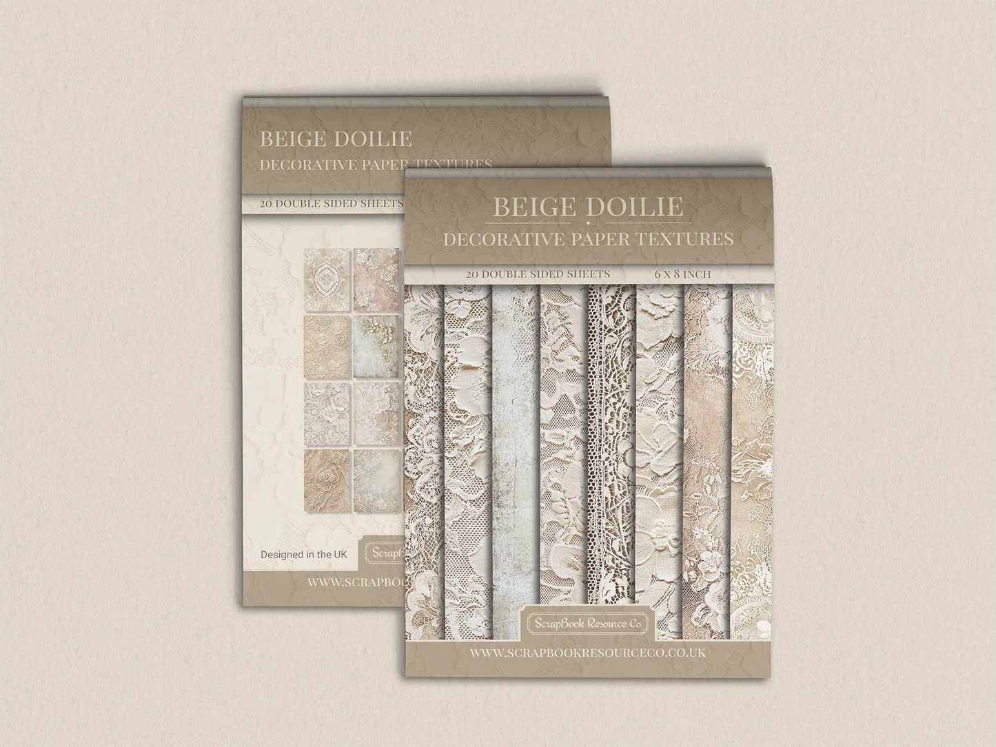 Front and Back cover of a decorative paper prints pad that contains beige coloured vintage doilie patterns