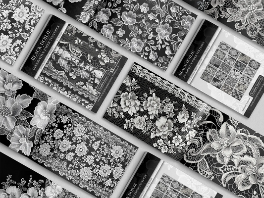 Collection of black and white textured paper with lace and floral patterns