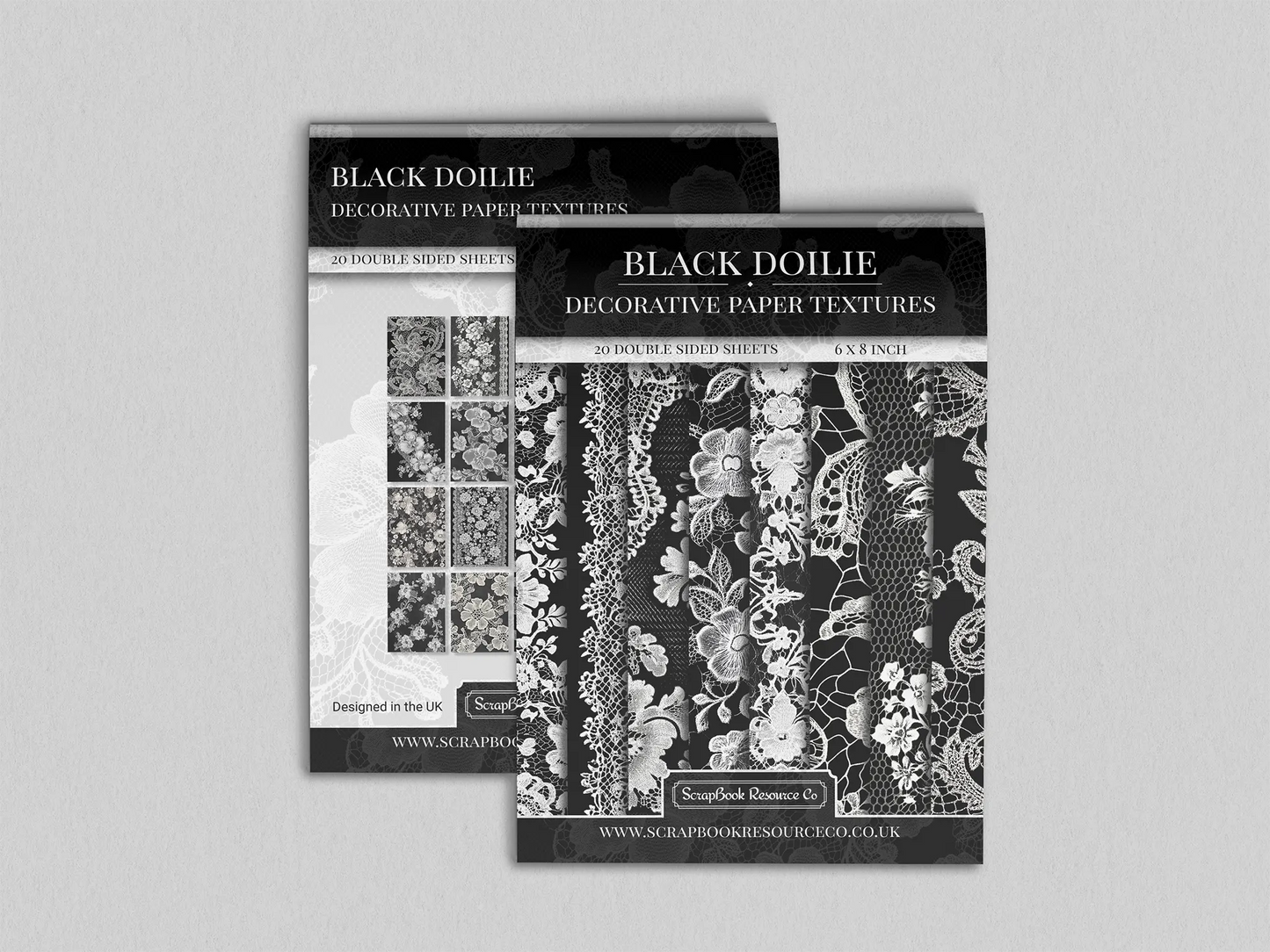 Front and Back cover of a decorative paper prints pad that contains black and white coloured vintage doilie patterns