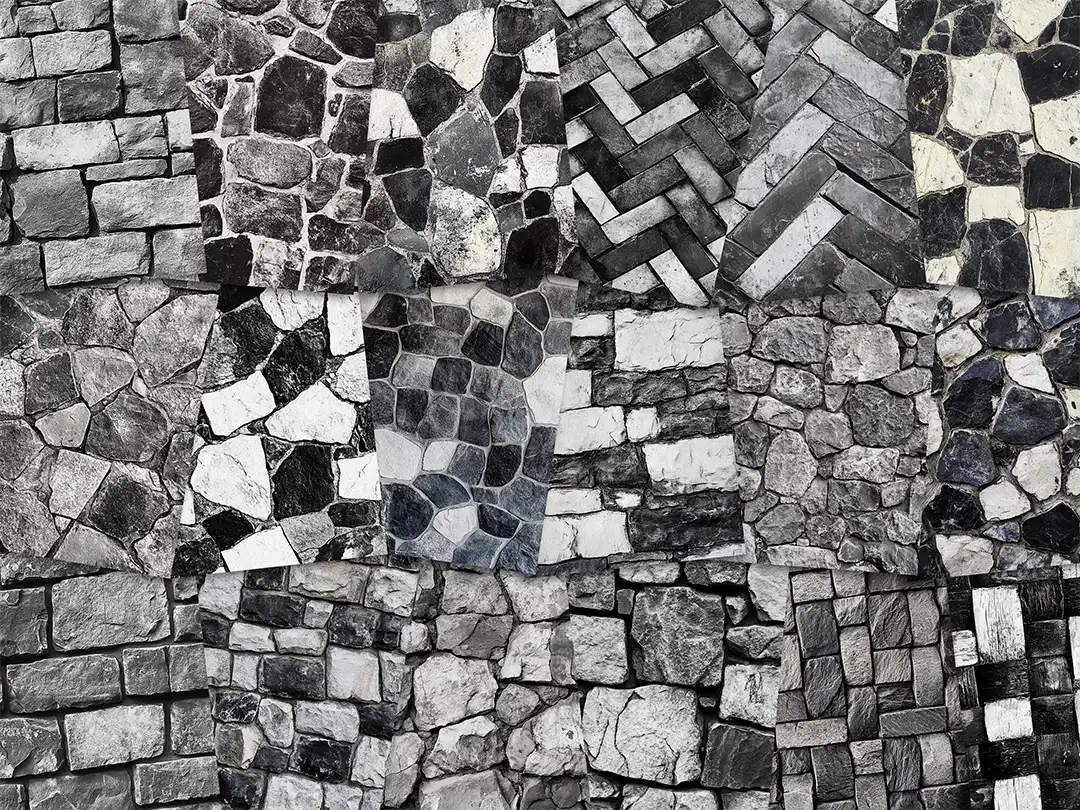 Collage of paper sheets showing the content of the stone textures prints pad. The images on the paper sheets are stone textures in black and white colours