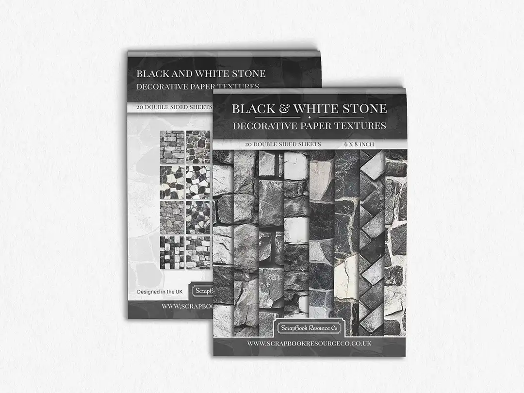 Front and Back cover of a decorative paper prints pad that contains white and black coloured stone textures