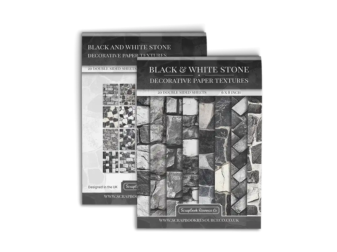 Front and Back cover of a decorative paper prints pad that contains white and black coloured stone textures