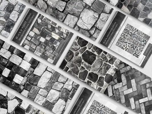 Collage of print pads organised into neat rows opened on various pages to display the inside pages which contain white and black coloured stone textures