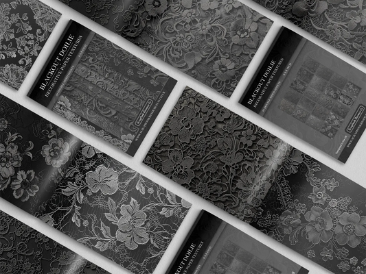 Collection of black textured paper with lace and floral patterns