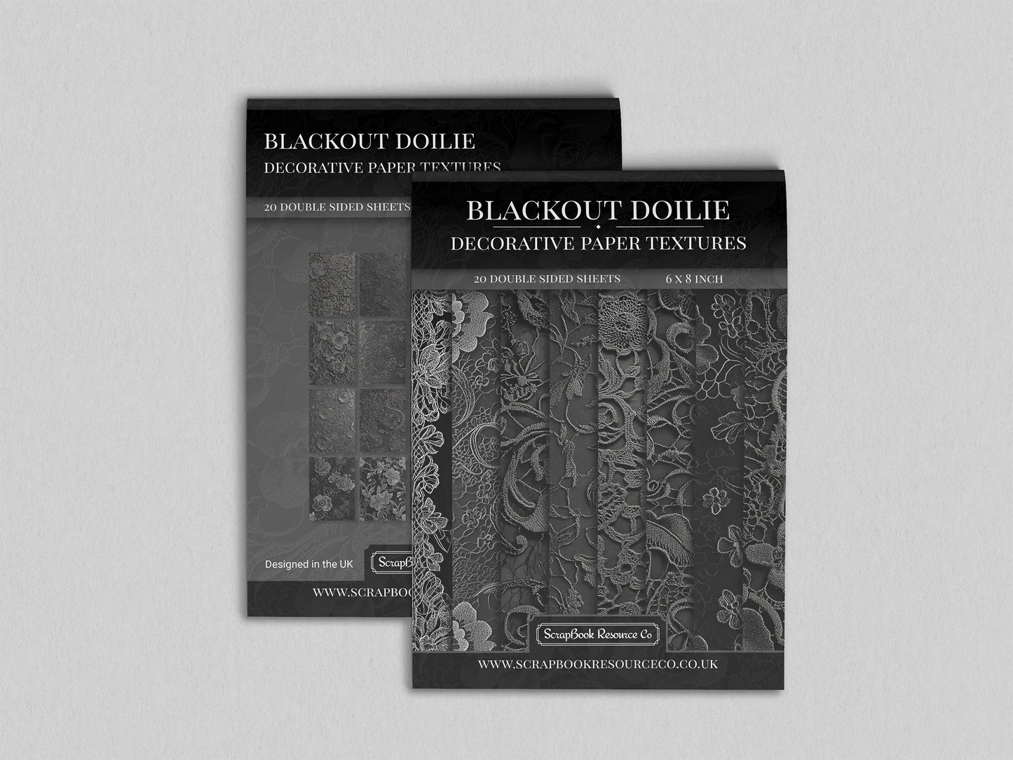Front and Back cover of a decorative paper prints pad that contains black coloured vintage doilie patterns