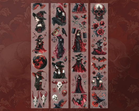 A roll of decorative PET tape stickers with a gothic blood witch theme in black and red colours, featuring illustrations of dark witches, runic symbols, a blood moon, ancient ritual bones, candles, bats, roses and more.