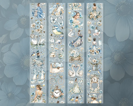 A roll of decorative PET tape stickers with a vintage romantic theme in baby blue and white colours, featuring illustrations of women in floral dresses, swans, butterflies, pocket watches, floral arrangements, hand bags, shoes, perfume bottles and more