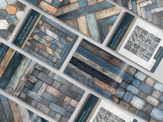 Collage of print pads organised into neat rows opened on various pages to display the inside pages which contain dark blue and dark brown coloured wooden textures