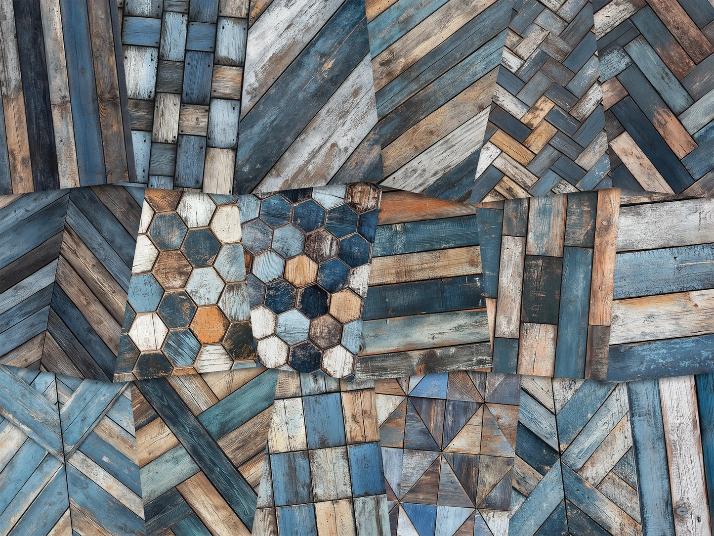 Collage of paper sheets showing the content of the wooden textures prints pad. The images on the paper sheets are wooden textures in dark blue and brown colours