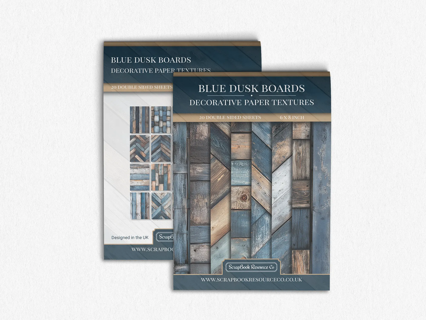 Front and Back cover of a decorative paper prints pad that contains blue and brown coloured wooden textures