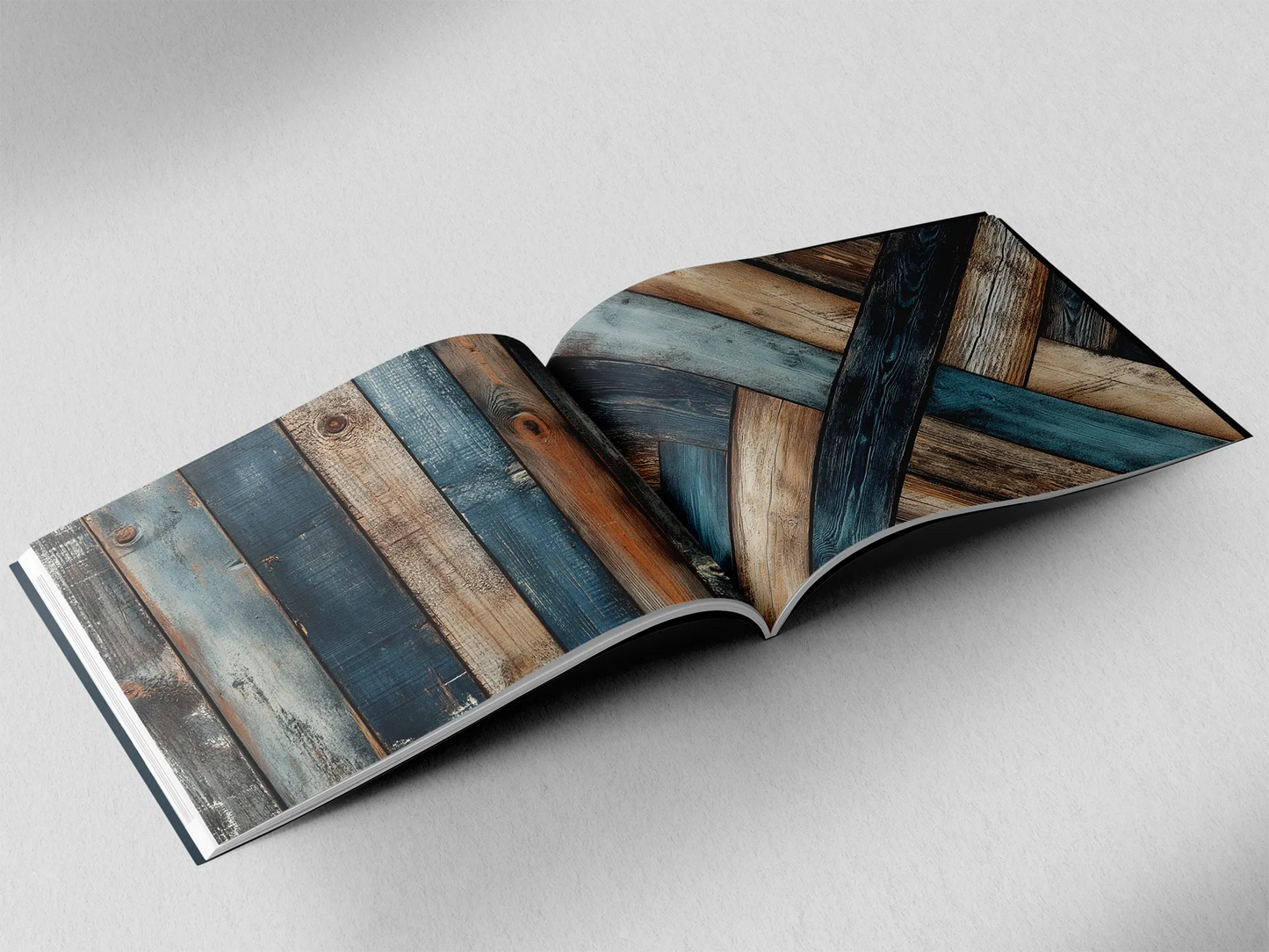 open book showing the inside pages of the decorative wooden textures prints pad. The picture inside the book is a dark brown and dark blue wooden boards texture