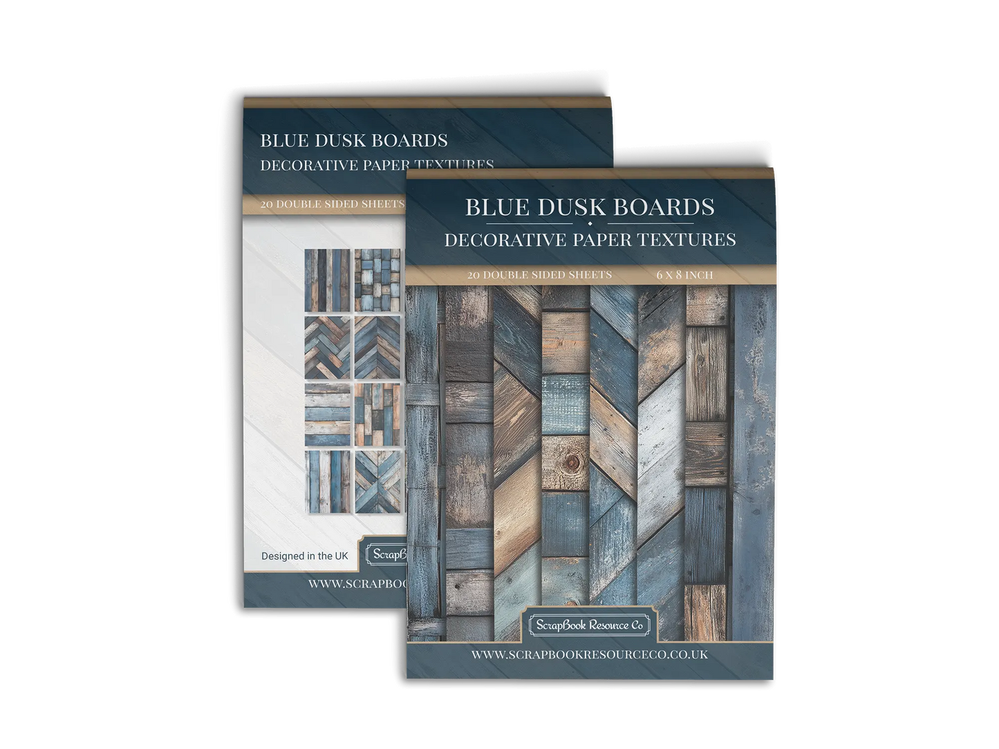 Front and Back cover of a decorative paper prints pad that contains dark brown and dark blue coloured wooden textures