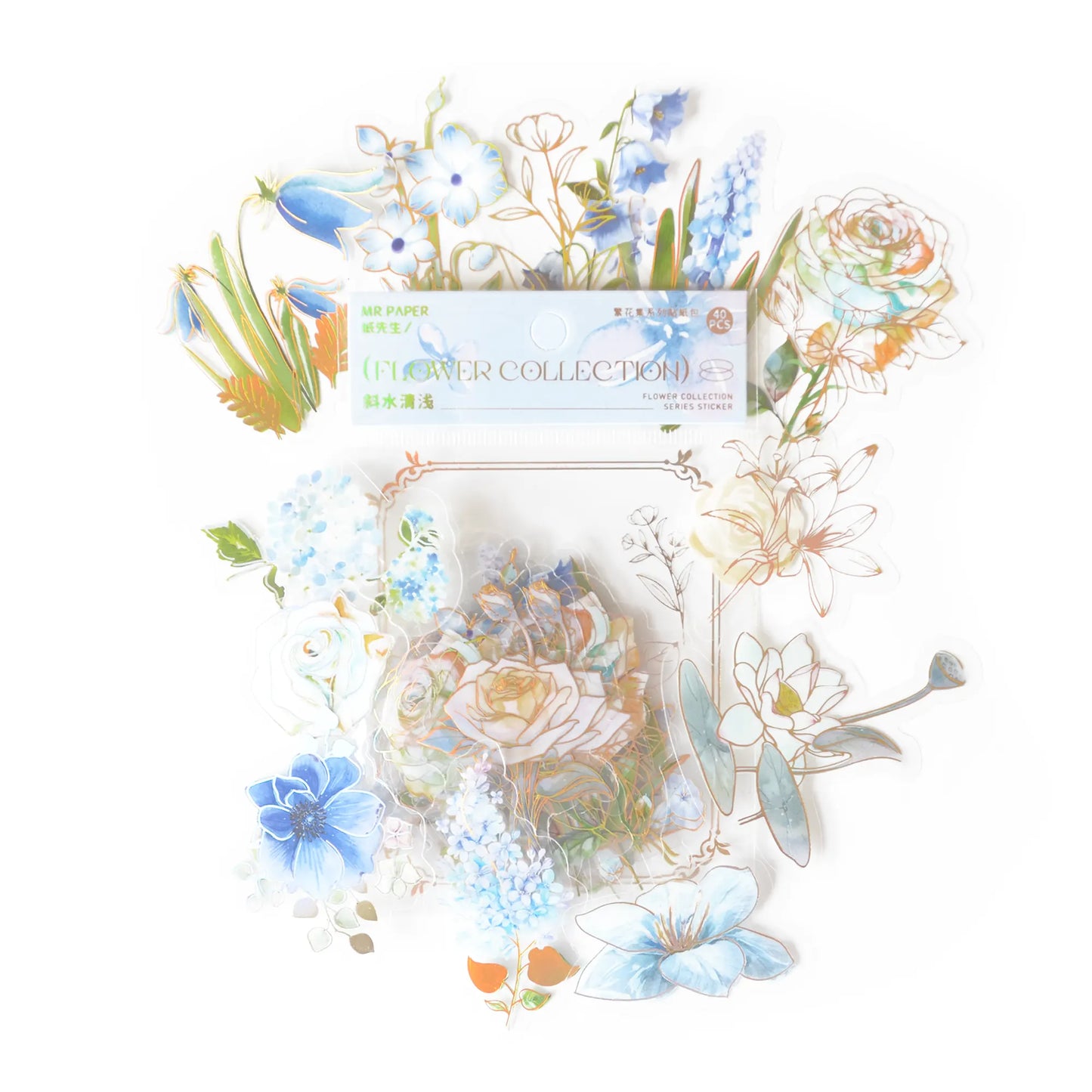 Flower Collection : Blue, Holographic PVC Floral Stickers - ScrapBookResourceCo