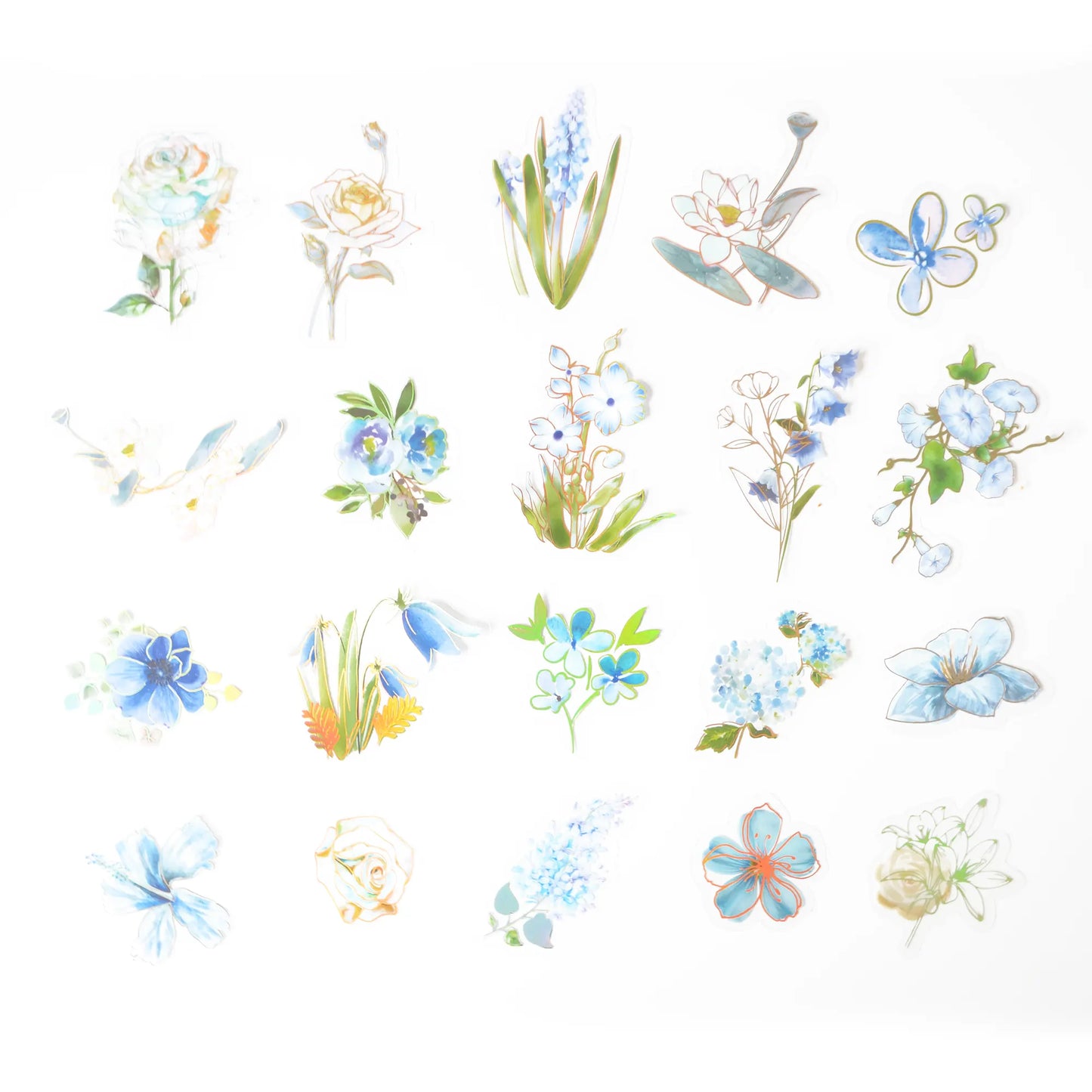 Flower Collection : Blue, Holographic PVC Floral Stickers - ScrapBookResourceCo