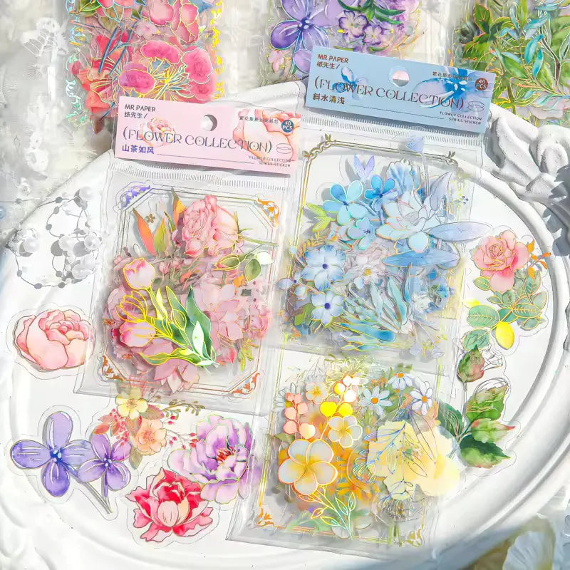 Flower Collection : Pink, Holographic PVC Floral Stickers - ScrapBookResourceCo