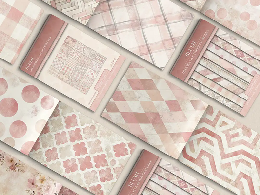 Collage of print pads organised into neat rows opened on various pages to display the inside pages which contain various pink coloured textures and patterns