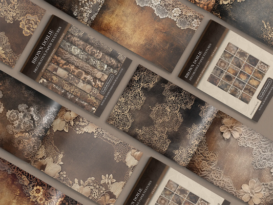Collection of brown textured paper with lace and floral patterns