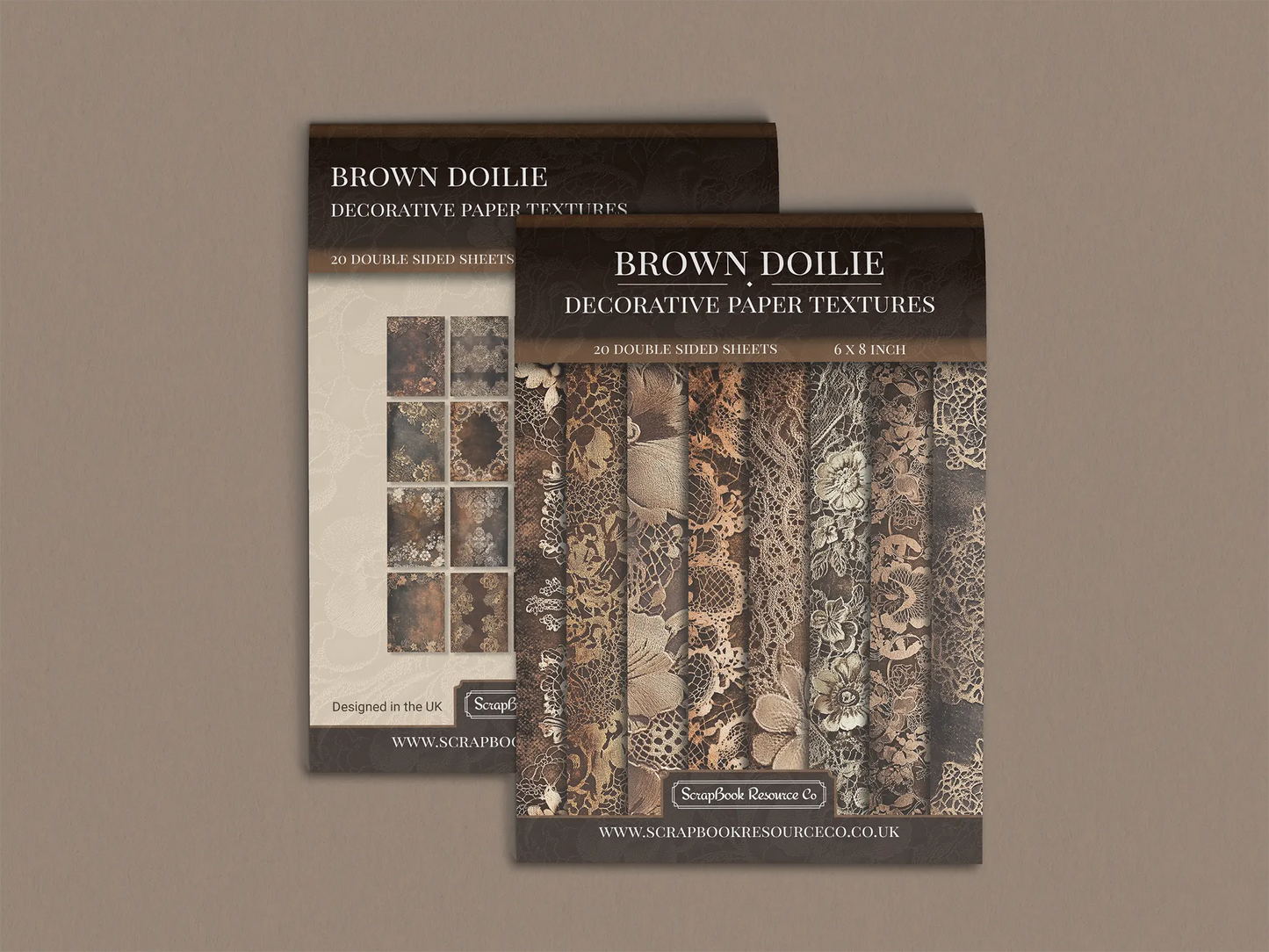 Front and Back cover of a decorative paper prints pad that contains dark brown coloured vintage doilie patterns