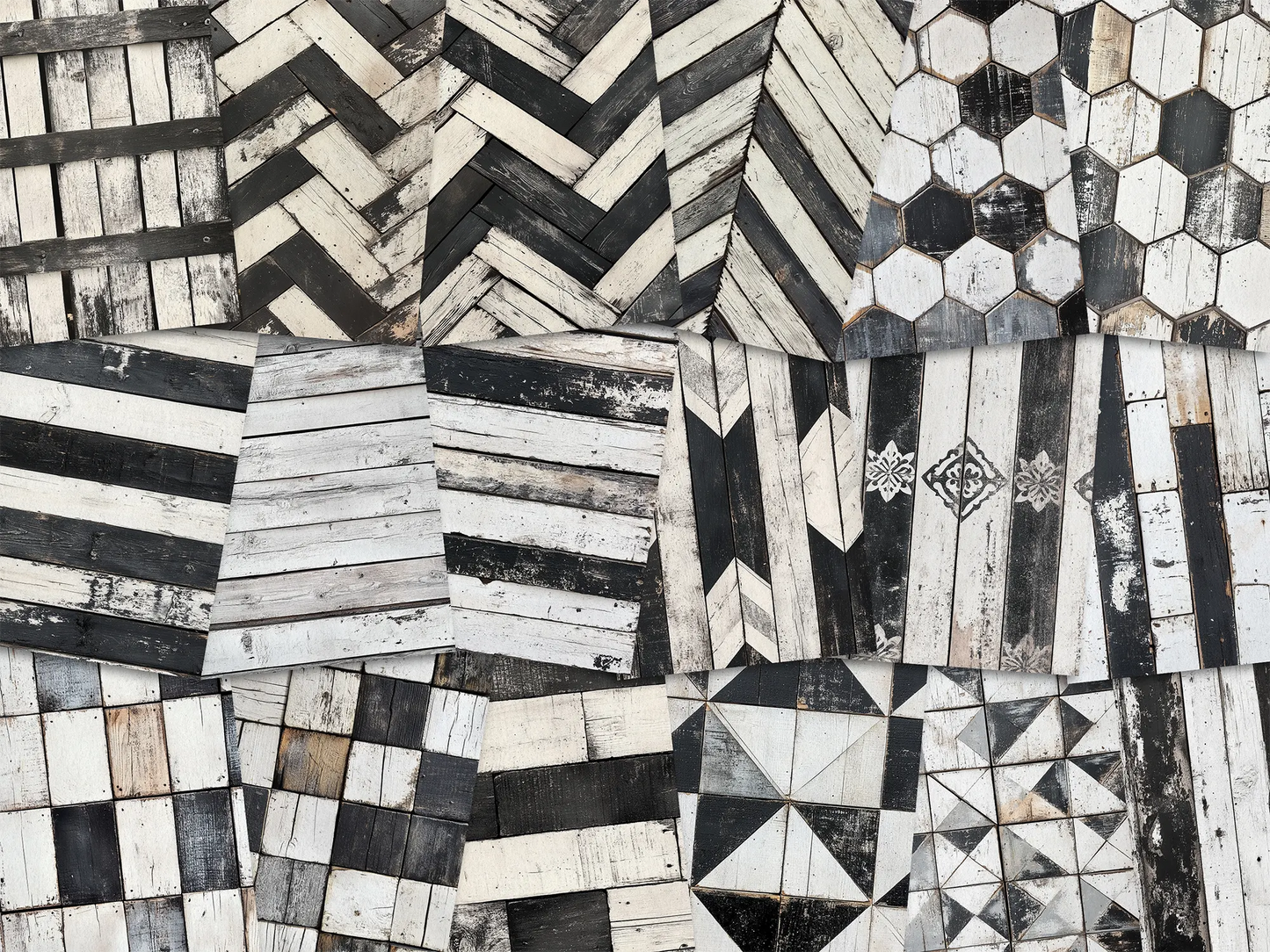 Collage of paper sheets showing the content of the wooden textures prints pad. The images on the paper sheets are wooden textures in black and white colours