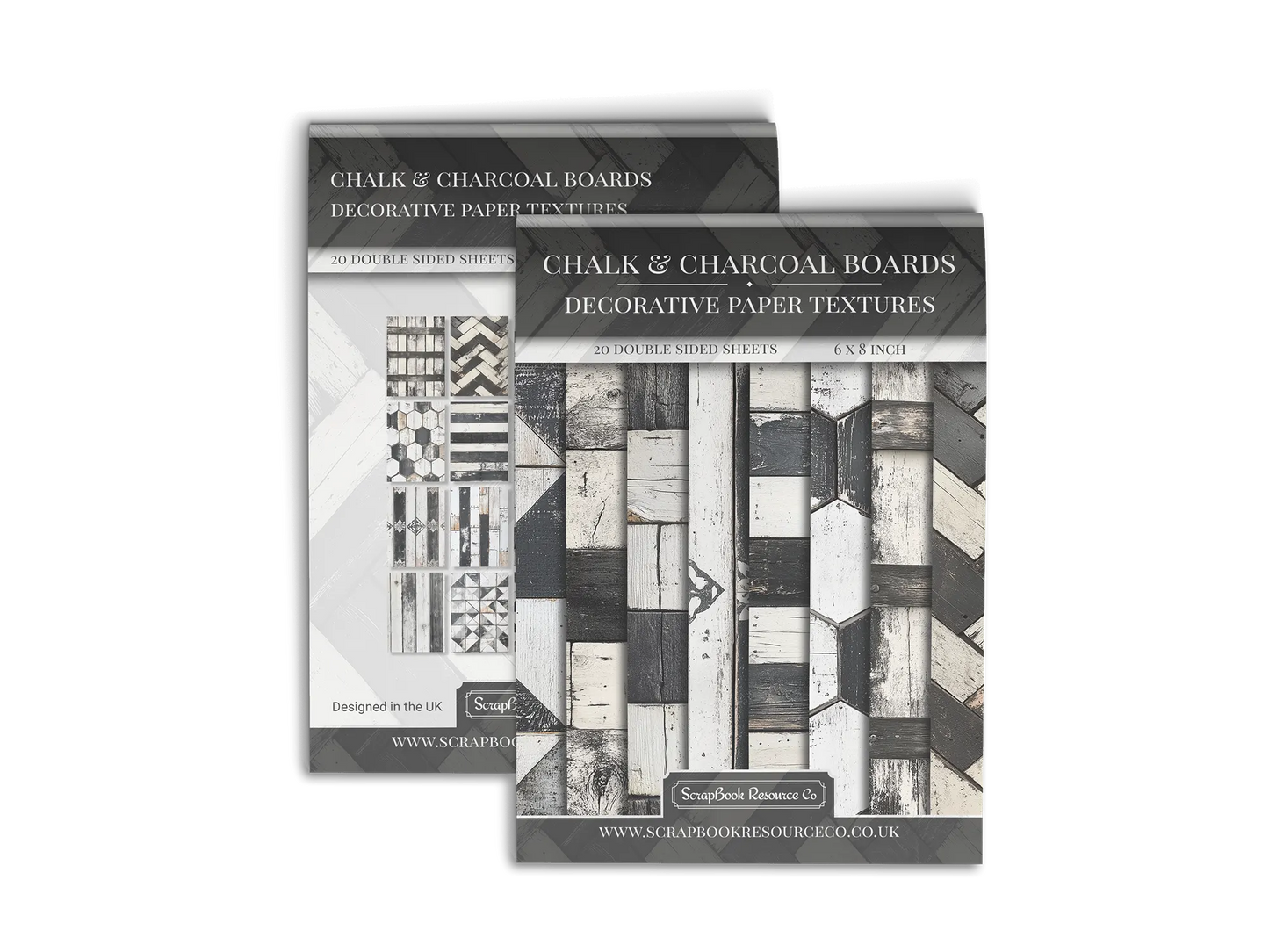 Front and Back cover of a decorative paper prints pad that contains white and black coloured wooden textures