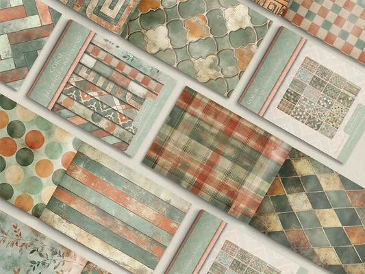 Collage of print pads organised into neat rows opened on various pages to display the inside pages which contain various teal and orange coloured textures and patterns