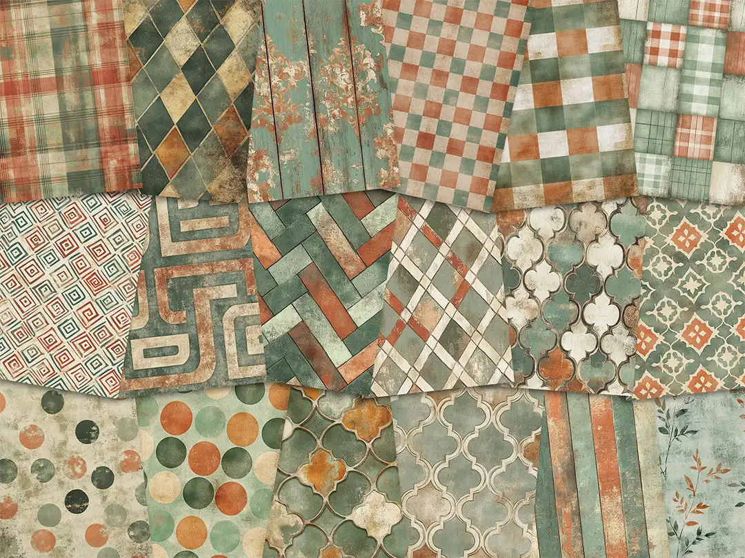 Collage of paper sheets showing the content of the patterns and textures prints pad. The images on the paper sheets are various patterns and textures in teal and orange colours