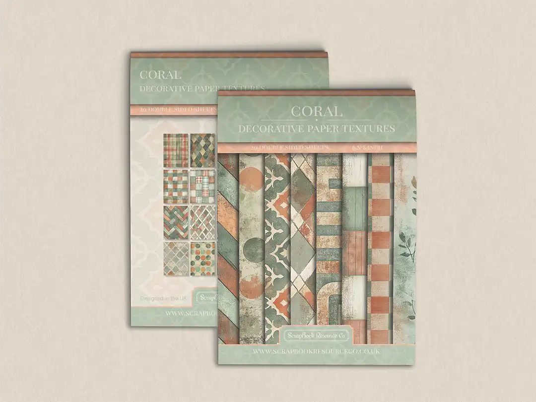 Front and back cover of a decorative paper prints pad with various patterns and textures in a orange and turquoise colour, intended for use in junk journaling, scrapbooking, and cardmaking.