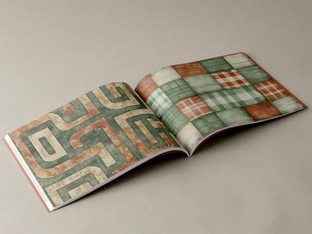 open book showing the inside pages of the decorative textures and patterns prints pad. The picture inside the book is an teal and orange pattern