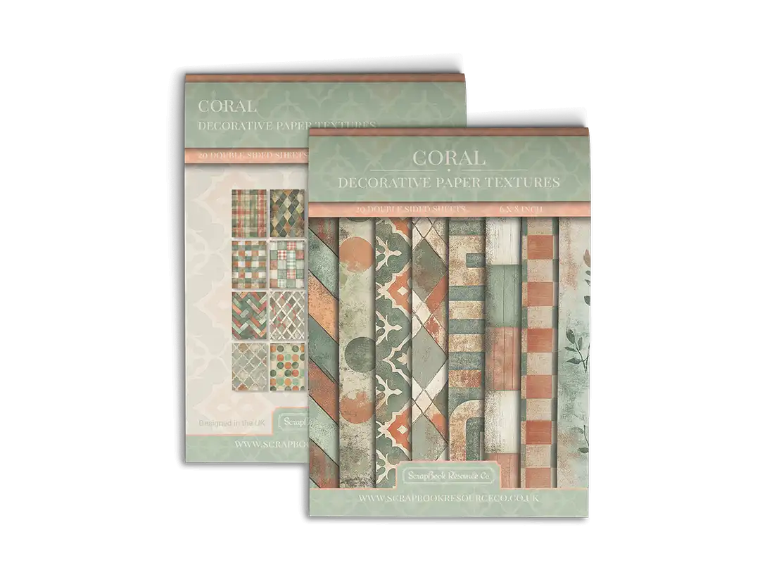 Front and back cover of a decorative paper prints pad with various patterns and textures in a orange and turquoise colour, intended for use in junk journaling, scrapbooking, and cardmaking.