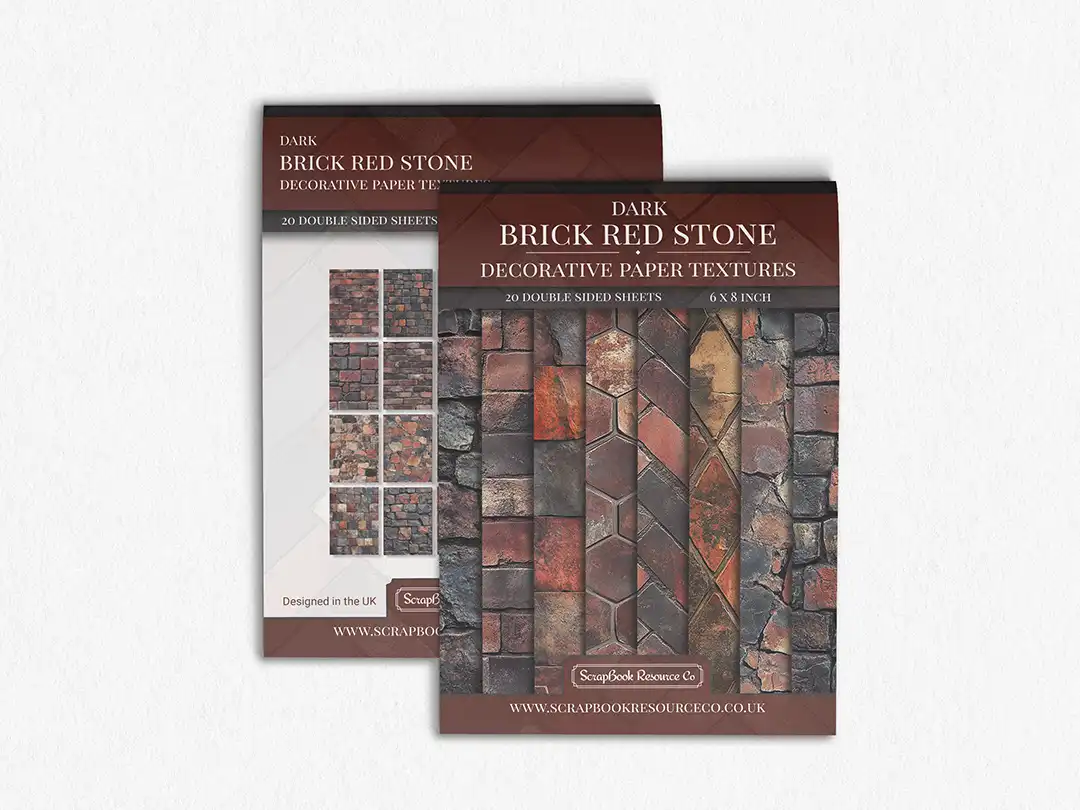 Front and Back cover of a decorative paper prints pad that contains red coloured stone textures