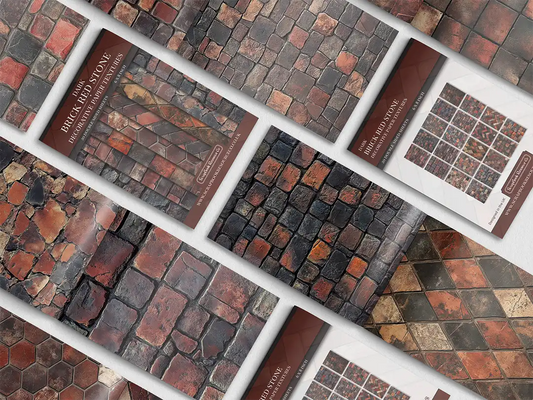 Collage of print pads organised into neat rows opened on various pages to display the inside pages which contain red coloured stone textures