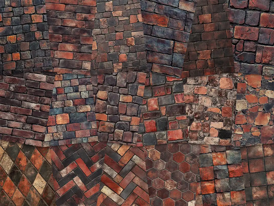 Collage of paper sheets showing the content of the stone textures prints pad. The images on the paper sheets are stone textures in red colours