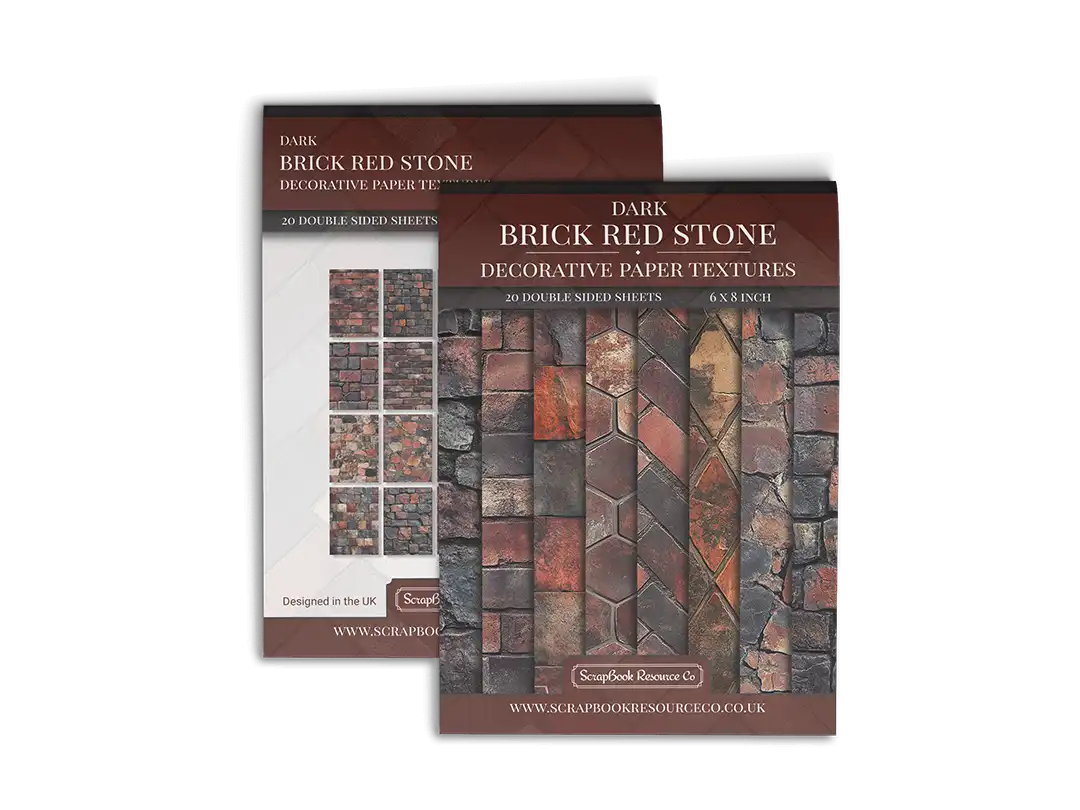 Front and Back cover of a decorative paper prints pad that contains red coloured stone textures