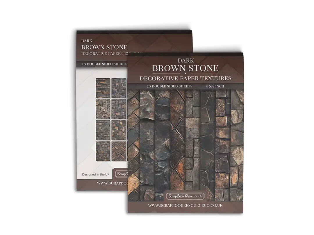 Front and Back cover of a decorative paper prints pad that contains brown coloured stone textures