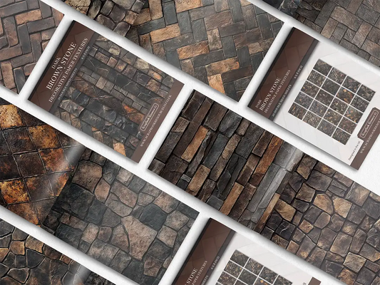 Collage of print pads organised into neat rows opened on various pages to display the inside pages which contain brown coloured stone textures