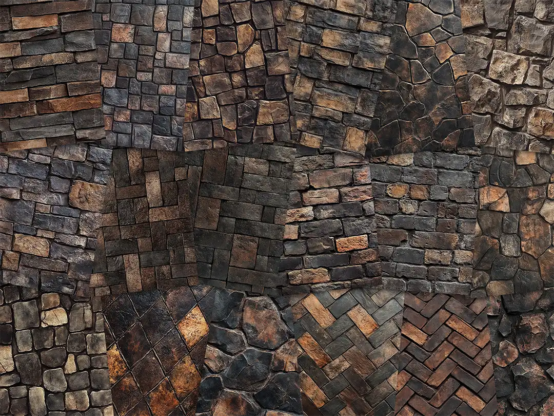 Collage of paper sheets showing the content of the stone textures prints pad. The images on the paper sheets are stone textures in brown colours