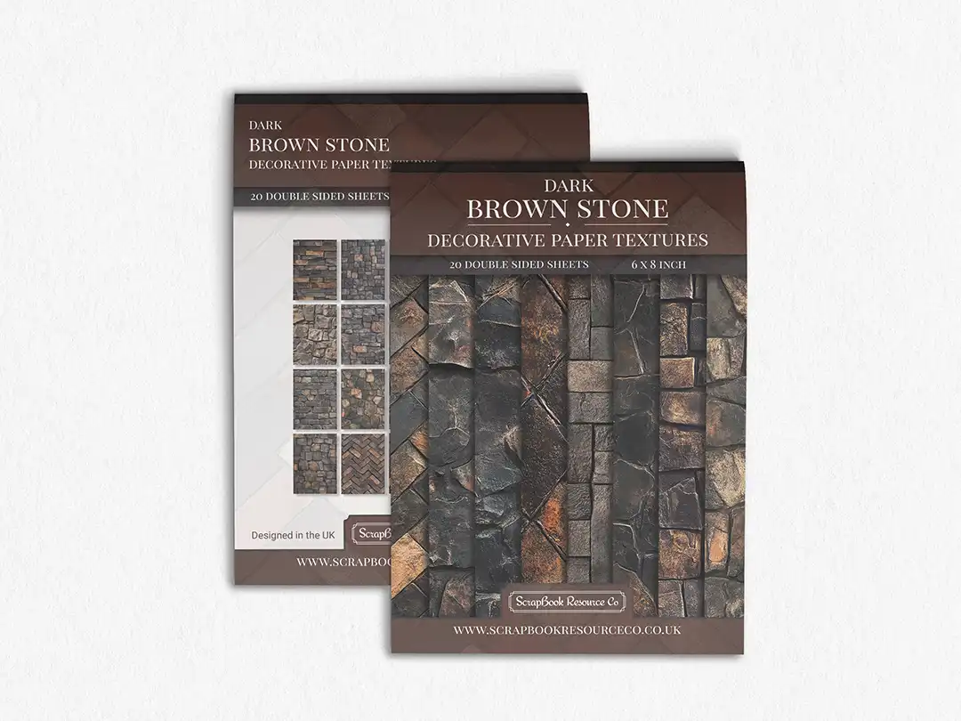 Front and Back cover of a decorative paper prints pad that contains brown coloured stone textures