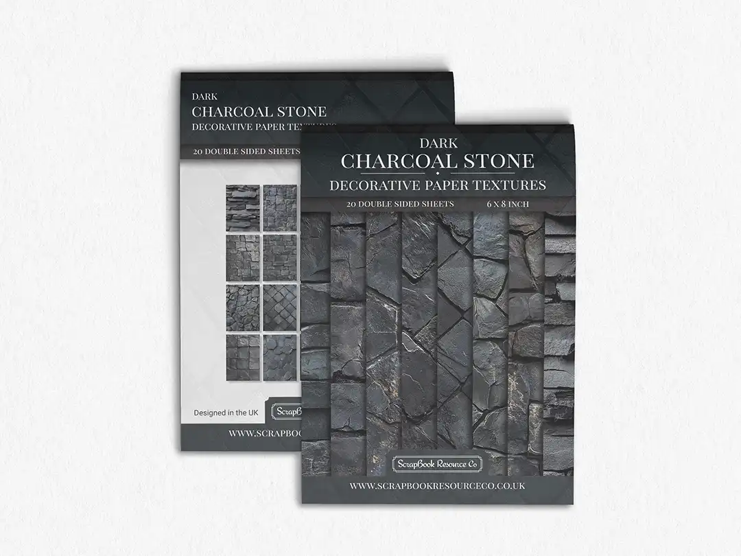 Front and Back cover of a decorative paper prints pad that contains black coloured stone textures
