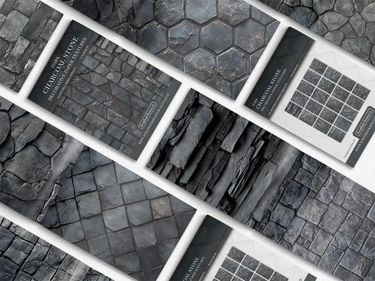 Collage of print pads organised into neat rows opened on various pages to display the inside pages which contain black coloured stone textures