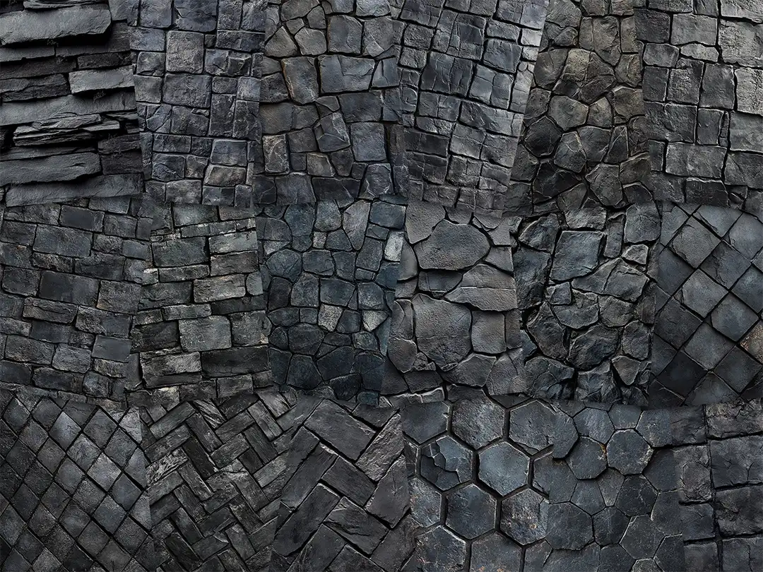 Collage of paper sheets showing the content of the stone textures prints pad. The images on the paper sheets are stone textures in black colours
