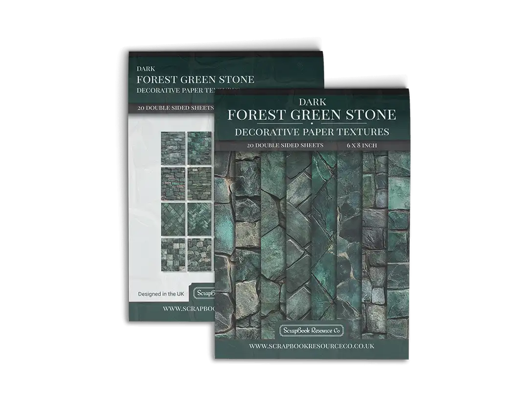 Front and Back cover of a decorative paper prints pad that contains green coloured stone textures