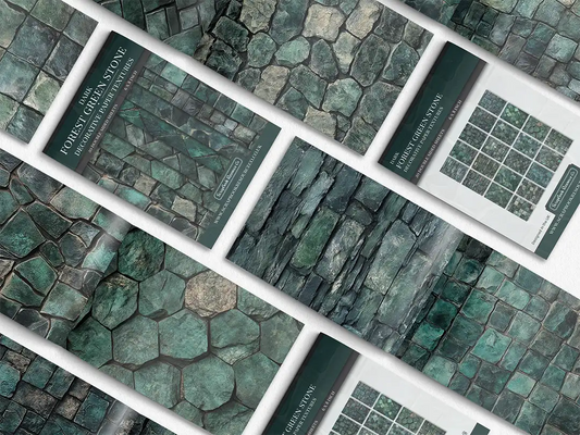 Collage of print pads organised into neat rows opened on various pages to display the inside pages which contain green coloured stone textures
