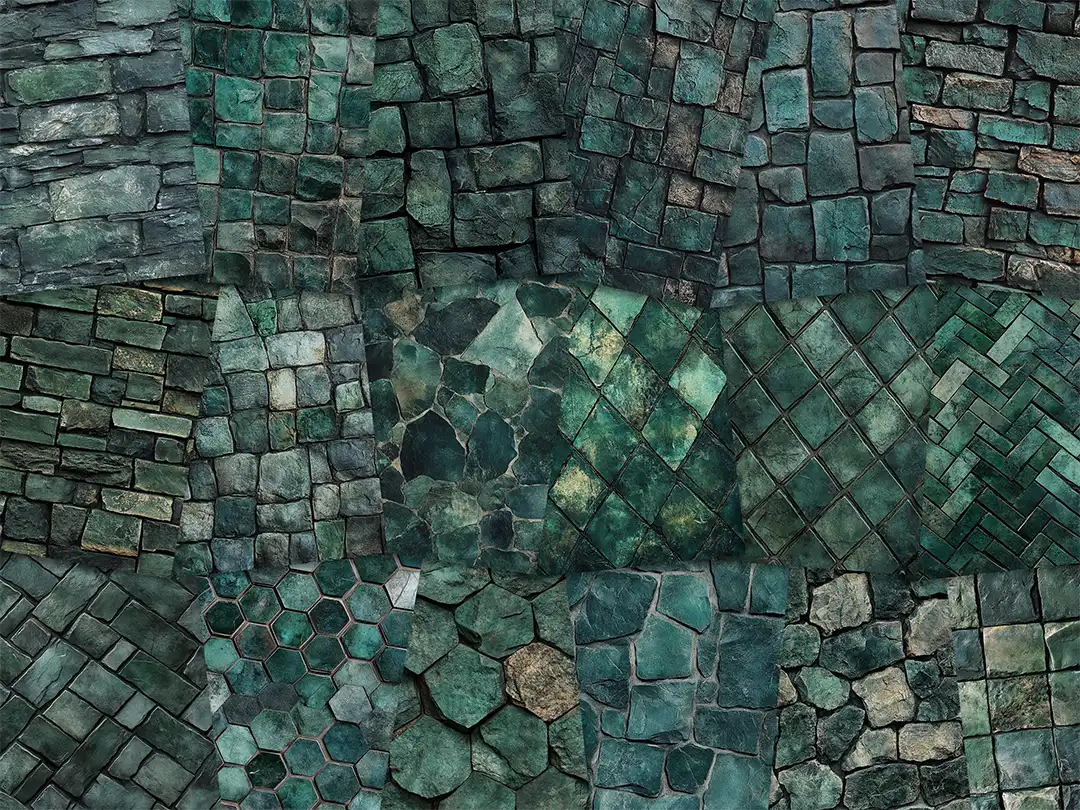 Collage of paper sheets showing the content of the stone textures prints pad. The images on the paper sheets are stone textures in green colours